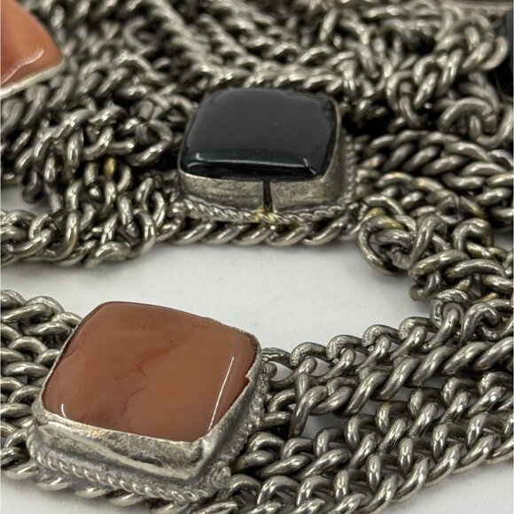 Vtg Multi Strand Pewter Chain Necklace Black Onyx Amber Color Stone Accents - Picture 15 of 16